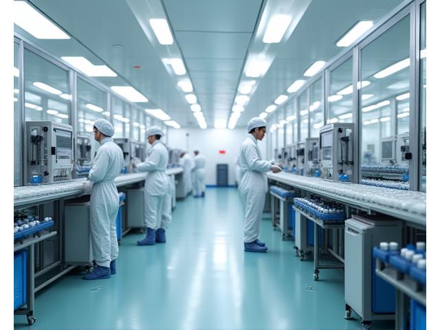 クリーンルームで化粧品を製造する機械と作業員