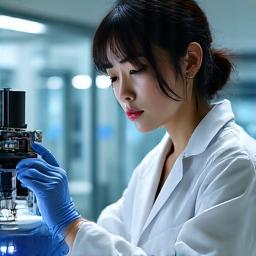 白衣を着て実験装置を操作する研究者